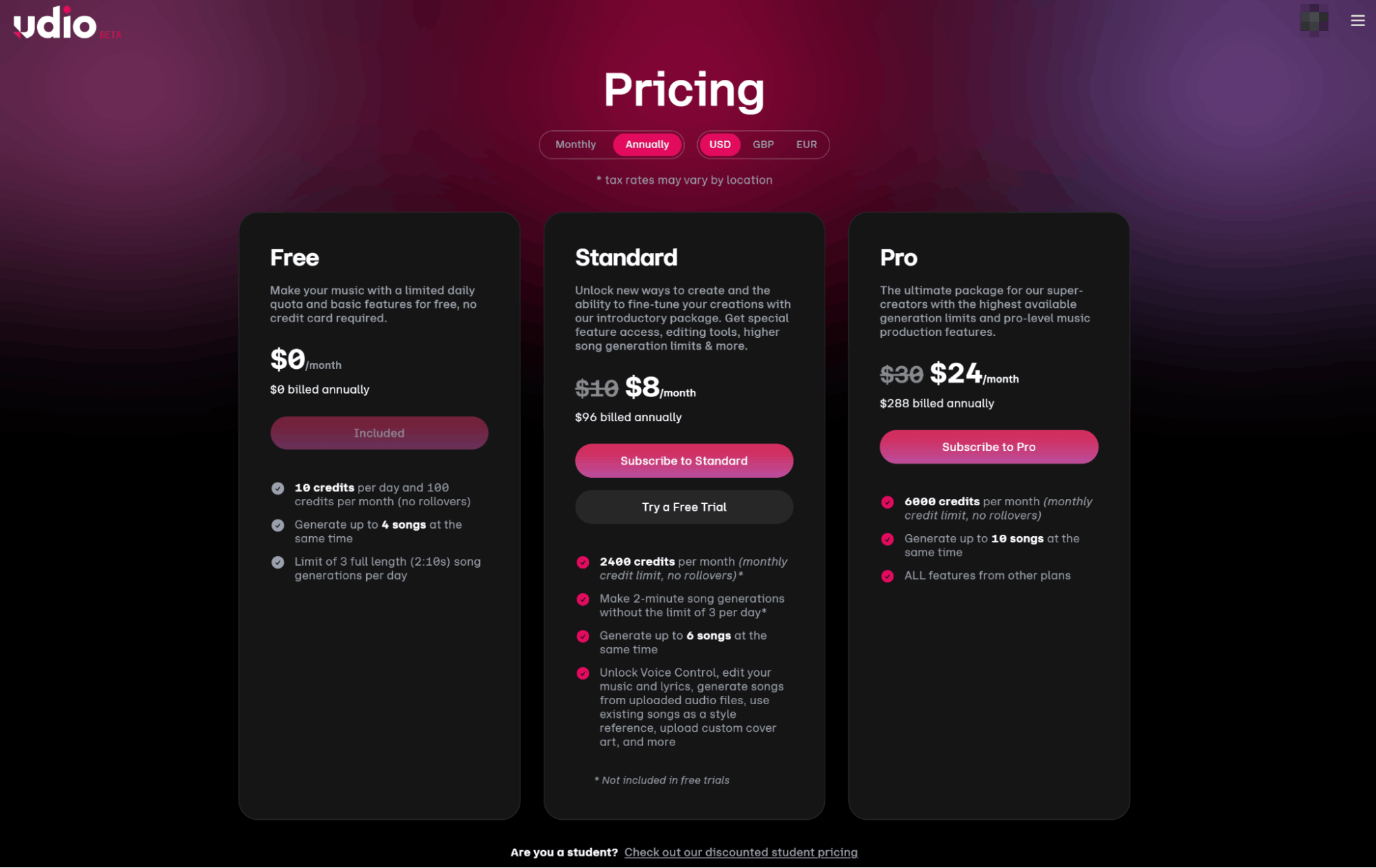 Udio pricing
